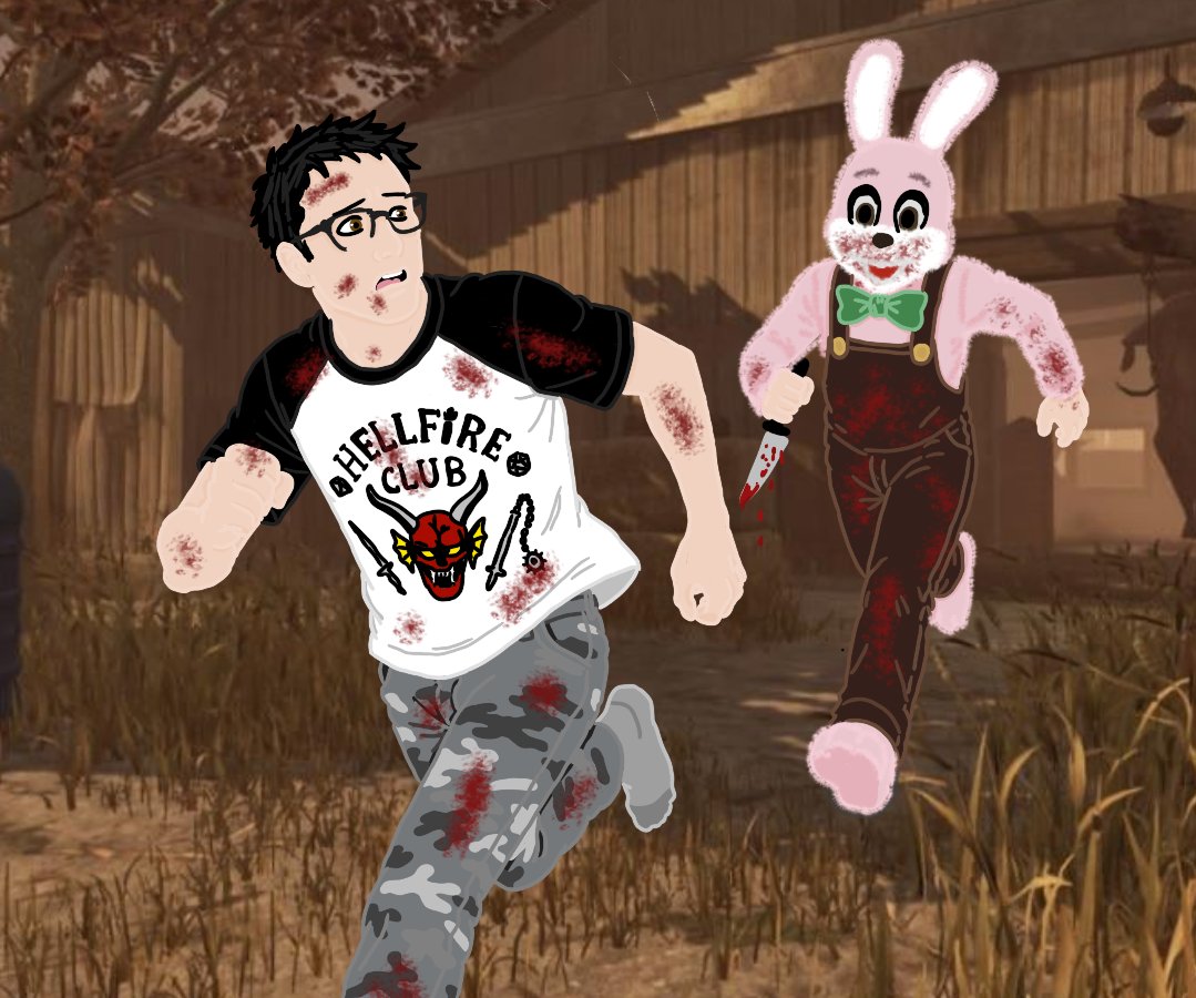 BeanbyDaylight's tweet photo. Drew my Dwight again, this time being chased by Legion as Robbie the Rabbit #deadbydaylight #DwightFairfield #dbd #Robbietherabbit #dbdfanart #deadbydaylightfanart #dbdthelegion https://t.co/4u07iA4RRp