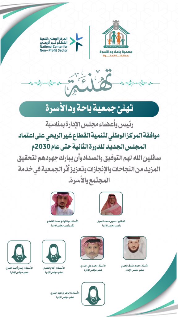 bahat_wed's tweet photo. تهنئ جمعية باحة ود الأسرة 
رئيس وأعضاء مجلس الإدارة بمناسبة موافقة المركز الوطني لتنمية القطاع الغير ربحي على اعتماد المجلس الجديد للدورة الثانية حتى عام 2030م 
سائلين الله لهم التوفيق وان يبارك جهودهم 
#جمعية_باحة_ود_الأسرة https://t.co/dPA3qvJ8CE