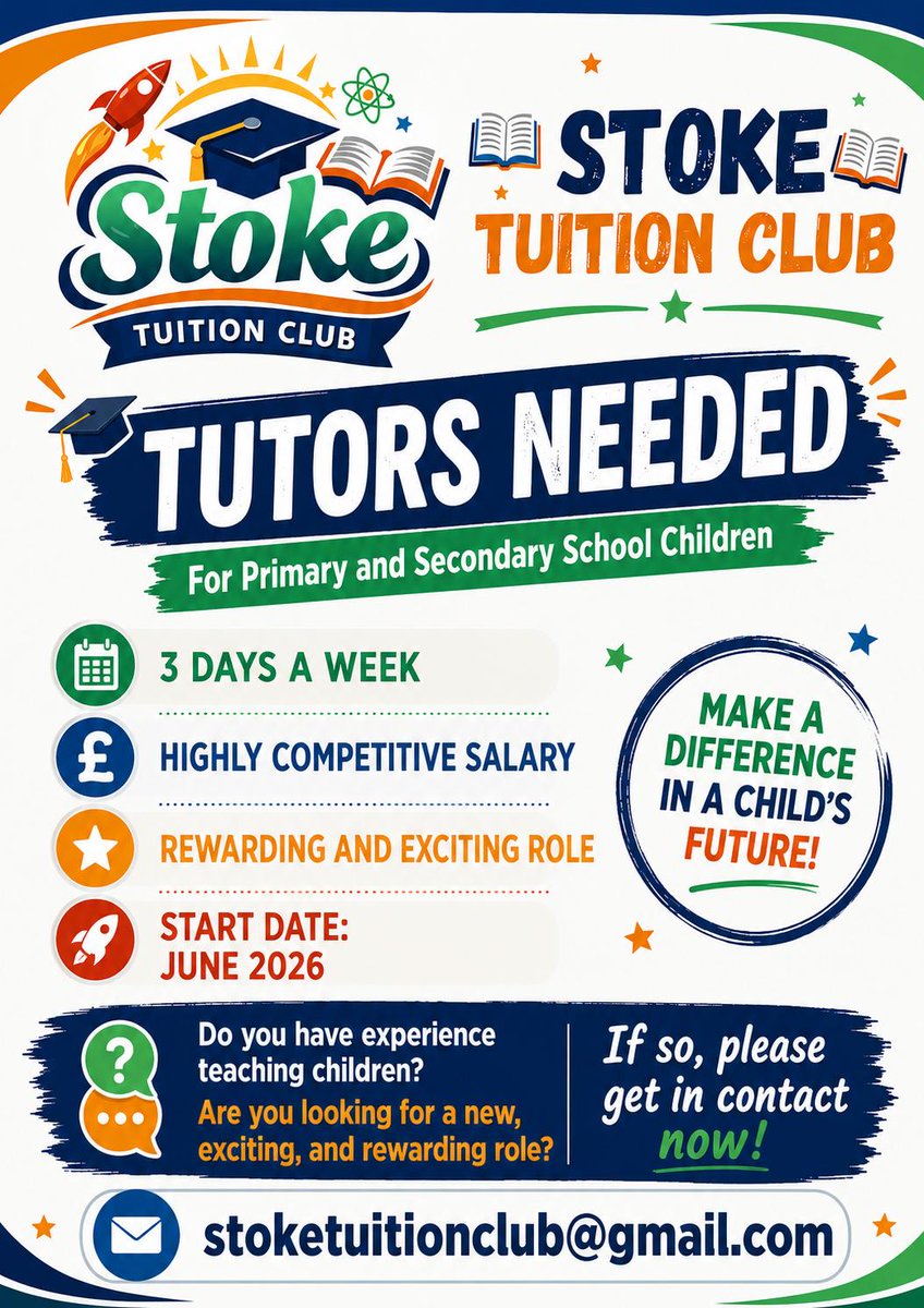IslamStoke's tweet photo. 📚 TUTORS NEEDED – Stoke Tuition Club

Seeking tutors for Primary &amp; Secondary students.

✅ 3 days a week
💷 Highly competitive salary
📅 Start: June 2026

Experience teaching children? Looking for a rewarding role?

📩 stoketuitionclub@gmail.com

#Tutors#TeachingJobs https://t.co/dcxG7T8sUj