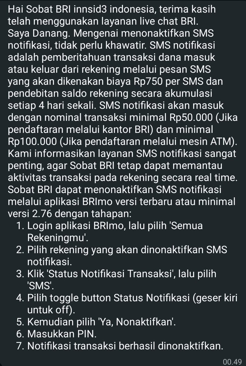 KrisnaInnside's tweet photo. Cara menonaktifkan notifikasi sms pemberitahuan transaksi BRI ternyata mudah tanpa harus ke kantor. https://t.co/AoEvwwDBAU