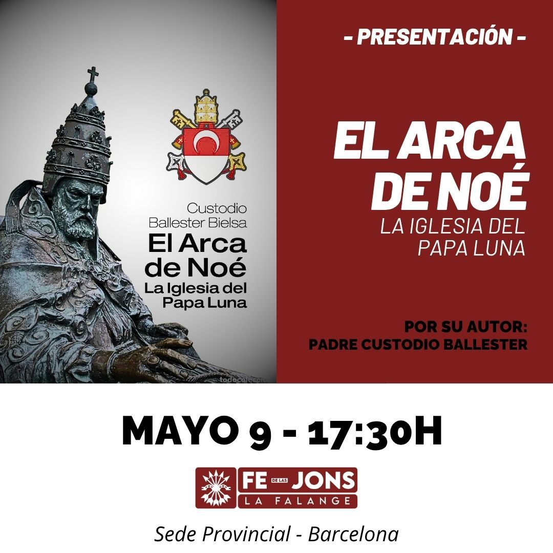 falangecat's tweet photo. El sábado 9 de mayo se celebró la presentación de “El Arca de Noé, la Iglesia del Papa Luna”, obra de D. Custodio Ballester. https://t.co/L0VrAxywwO