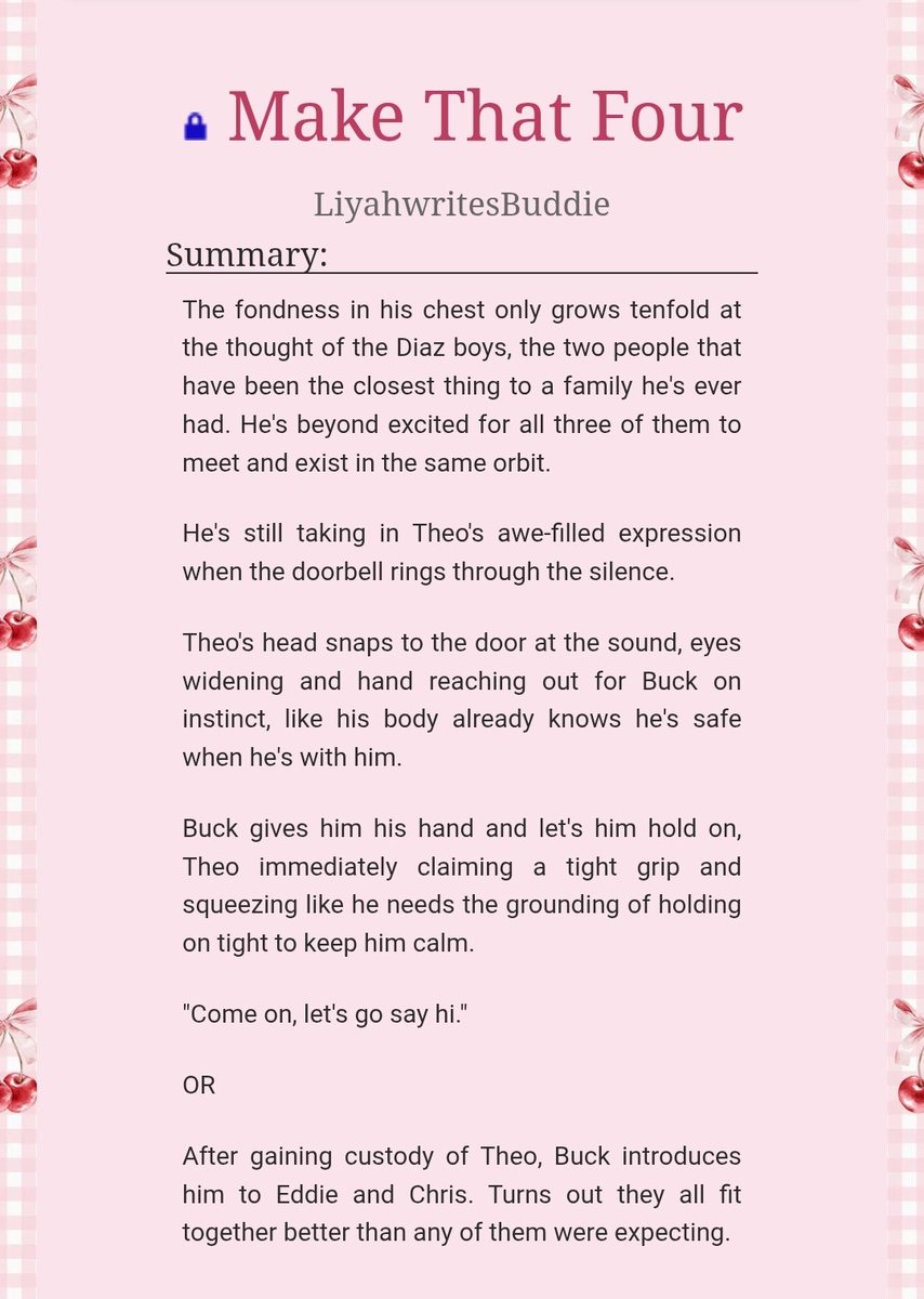 LiyahV_writes's tweet photo. 💛 Make That Four 💛

✿ Buck &amp; Theo + Eddie &amp; Chris
✿ Co-parenting
✿ Getting together 
✿ Buckley-Diaz family 
✿ Ch: 1/?

Link: https://t.co/kPwjeow6lq https://t.co/wLkWHVpaAb
