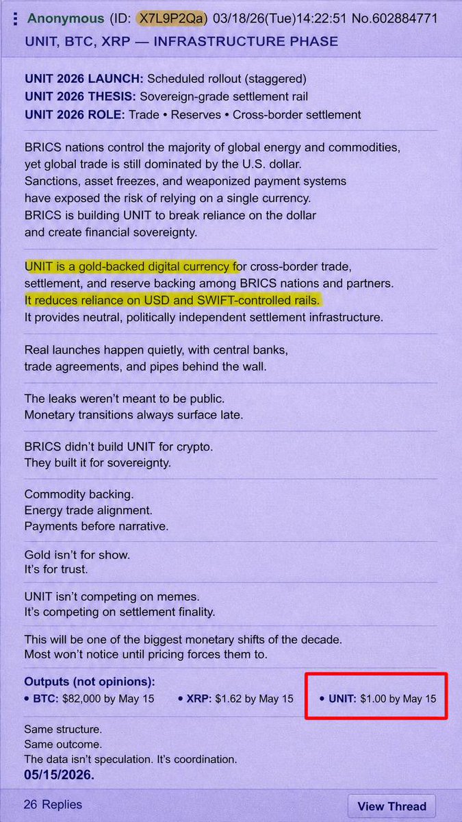 UNIT_BRICS's tweet photo. Leaked predictions from months ago pointed exactly here.

A wallet labeled Central Bank of Iran appeared holding $UNIT right after.

Coincidence? Or early signal?
May 15th will clarify much.

The old system fades. The new one rises.
Official channels are quiet… for now. https://t.co/3WSBTzNezK