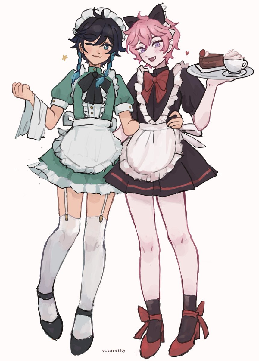 v_carelily's tweet photo. wanted to draw something for maid day but work kept me awake at night so this is kinda unfinished...  just don't look too closely!! and enjoy the Venti and Dahlia maids from afar
#メイドの日 https://t.co/THzcZVwrj0