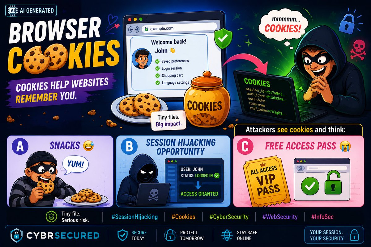 cybrsecured's tweet photo. Browser Cookies 🍪
Cookies help websites remember you.
Attackers see cookies and think:
A) Snacks 😅
B) Session hijacking opportunity
C) Free access pass 😭
#SessionHijacking #Cookies #CyberSecurity #WebSecurity #InfoSec https://t.co/NdO1jpYrH9