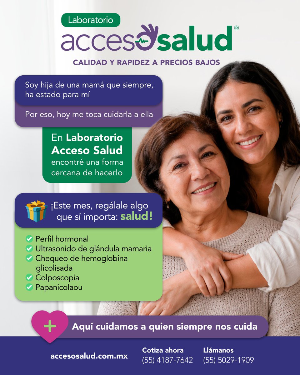 labaccesosalud's tweet photo. Mamá siempre cuida a todos; hoy le toca a ella. 💚 Este Día de las Madres, elige cuidarla en Laboratorio Acceso Salud. 🌸

💬 ¿Qué es lo que más admiras de ella?
📲 Cotiza al 55 4187 7642.

#DíaDeLasMadres #Salud https://t.co/F8S3FZxdNi