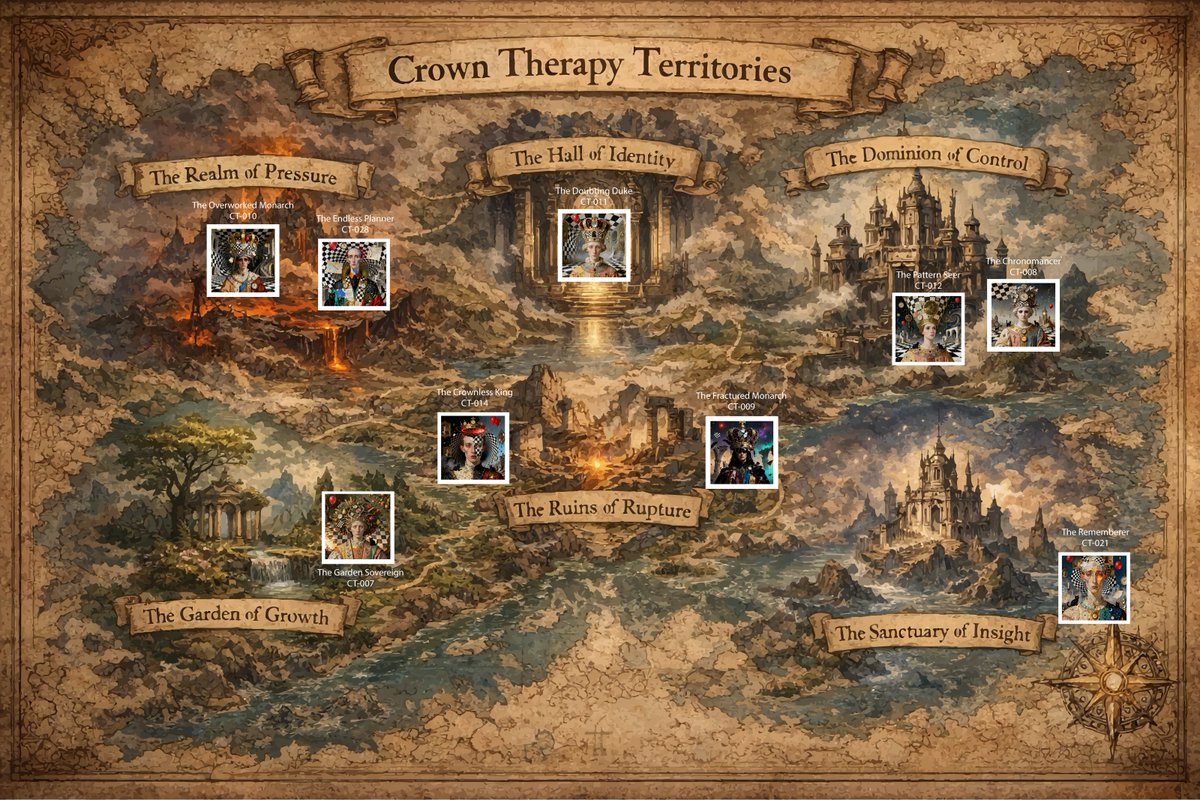CrownTherapy's tweet photo. Three new Crowns have entered the territories.

Each Crown is a short cinematic piece — 6–20 seconds of symbolism, story, and psychological reflection woven into the evolving world of Crown Therapy.

The map is expanding. The territories are beginning to connect. And hidden mechanics tied to collecting, territory progression, and archetype relationships will slowly emerge as more Crowns are revealed.

Some collectors are already starting to notice patterns.

Claim your Crown at @xrpcafe before the territories change again. 👑 #CrownTherapy #XRPL #XRPNFT #XRPCafe #NFTCommunity #DigitalArt #SurrealArt #PsychologicalArt #Lore #Collectibles #Storytelling #DarkArt #CryptoArt #NFTCollector #Web3Art #Symbolism #FantasyArt #IndependentArtist #NFTDrop #ArtCollectors