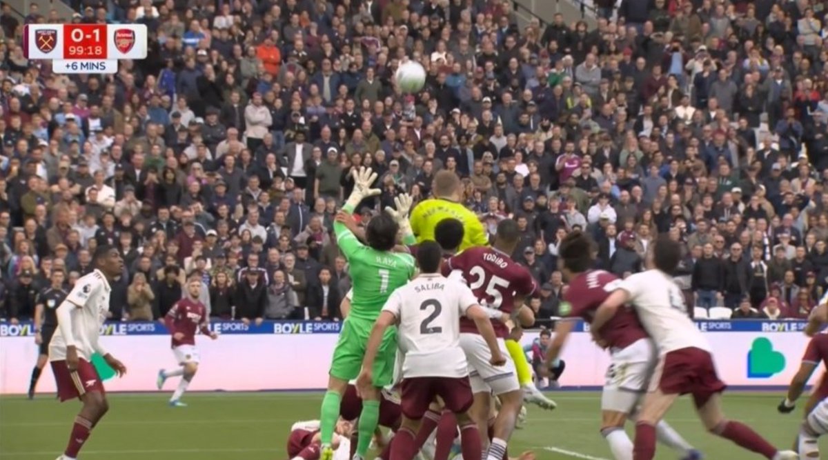 The more you watch the incident the more you see Declan Rice holding Mavrapanos and bundling him into the back of the net. Ian Wright said he was 'spooning' him! Now that's an obvious foul. Why didn't VAR award a penalty? Again, Arsenal have been very, very lucky...