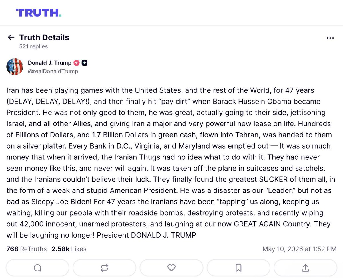⭕️ Trump Lashes Out at Iran, Obama Over Nuclear Negotiations

President Trump posted a lengthy statement on Truth Social Sunday accusing Iran of “playing games” with the U.S. for 47 years and blasting former President Barack Obama for the 2015 nuclear deal and associated