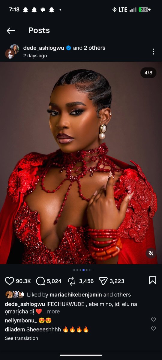 The engagement on Dede’s cultural day look alone needs to be studied 😭 She didn’t even attend the main #AMVCA12 event yesterday, yet the numbers on this post are outperforming people who actually walked the red carpet. That’s star power.