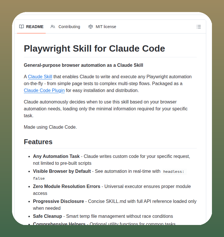 Playwright Skill README describing general-purpose browser automation for Claude Code
