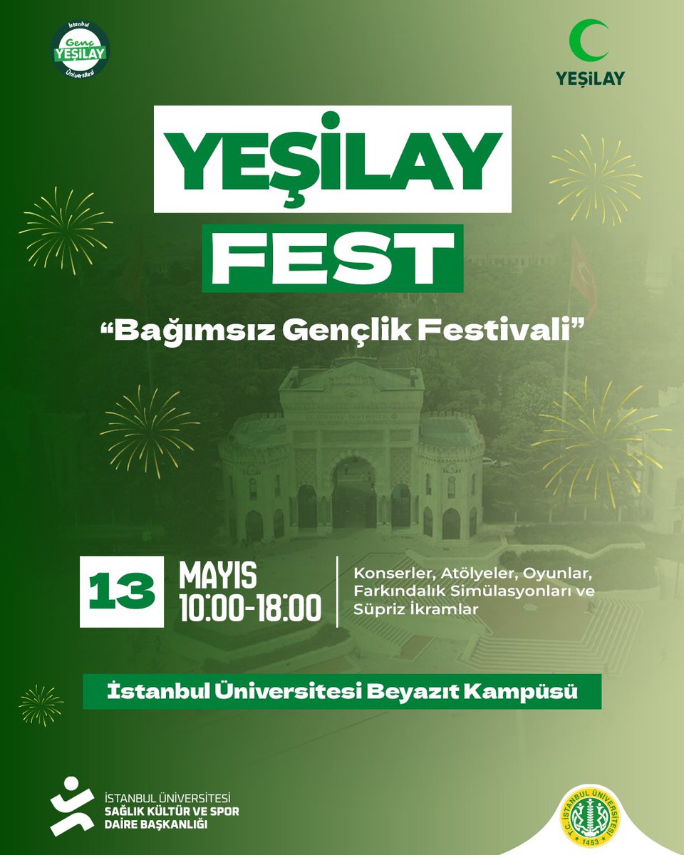 iusksdb's tweet photo. 💚 YeşilayFest 2026 başlıyor!

SKS Daire Başkanlığı koordinasyonunda, kulübümüz İÜ Genç Yeşilay tarafından düzenlenen festivalde; konserler, atölyeler, oyunlar, sportif etkinlikler ve sürpriz ikramlar sizleri bekliyor!🥳

🗓️ 13 Mayıs  
📍 İÜ Beyazıt Kampüsü – Protokol Yolu https://t.co/BPTexInq4I