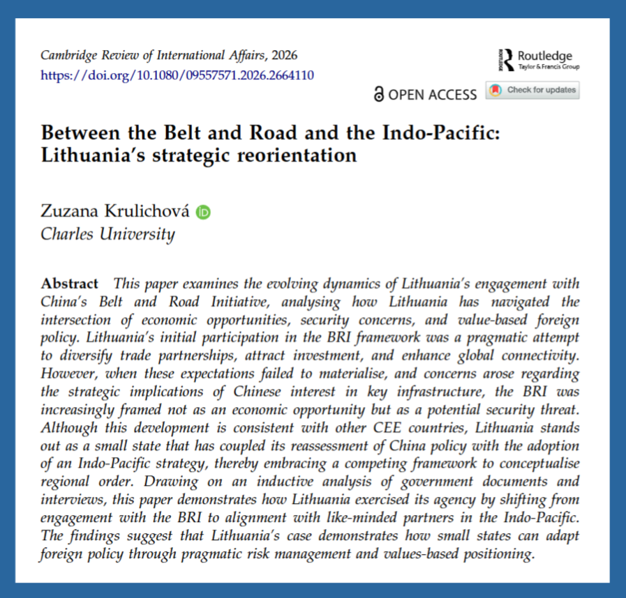 prcprague's tweet photo. New #INTERFER study alert! 📣 Our scholar @KrulichovaZ analyzed how Lithuania's foreign policy towards China reoriented from economic engagement with the Belt & Road Initiative to framing it as a security threat and adopting a competing Indo-Pacific strategy. Link below 👇 https://t.co/LZLWIoMmEo