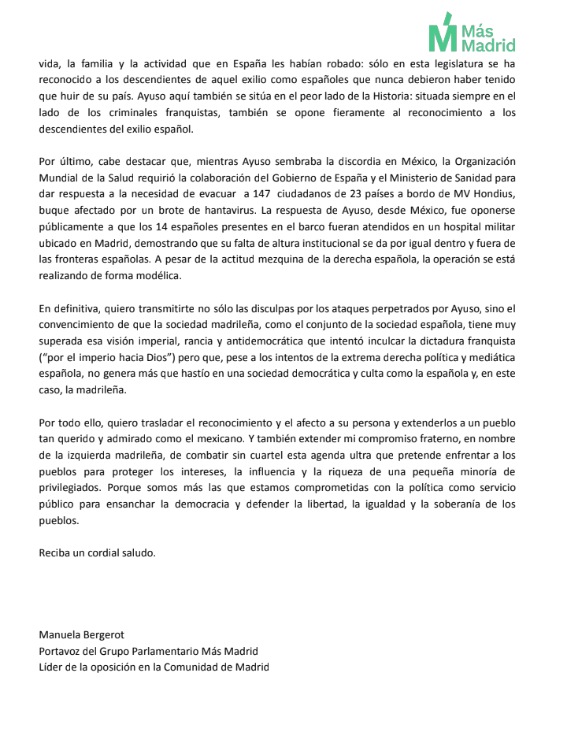 📨 🇲🇽 Ésta es la carta de disculpa dirigida al pueblo de México y a la presidenta Claudia Sheinbaum firmada por la vocera en la Asamblea de Madrid del grupo político de izquierda, Más Madrid, Manuela Bergerot, en la que se muestran avergonzados por ver “con bochorno el ridículo