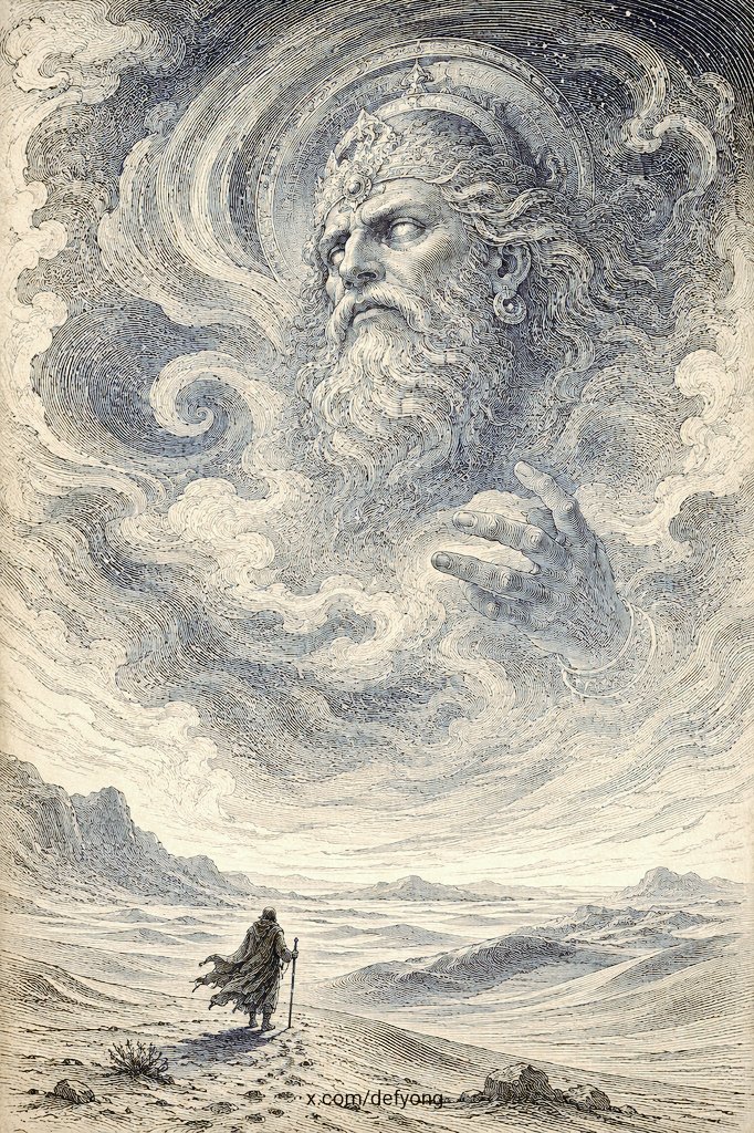 Colossal God in Engraved Desert Sky