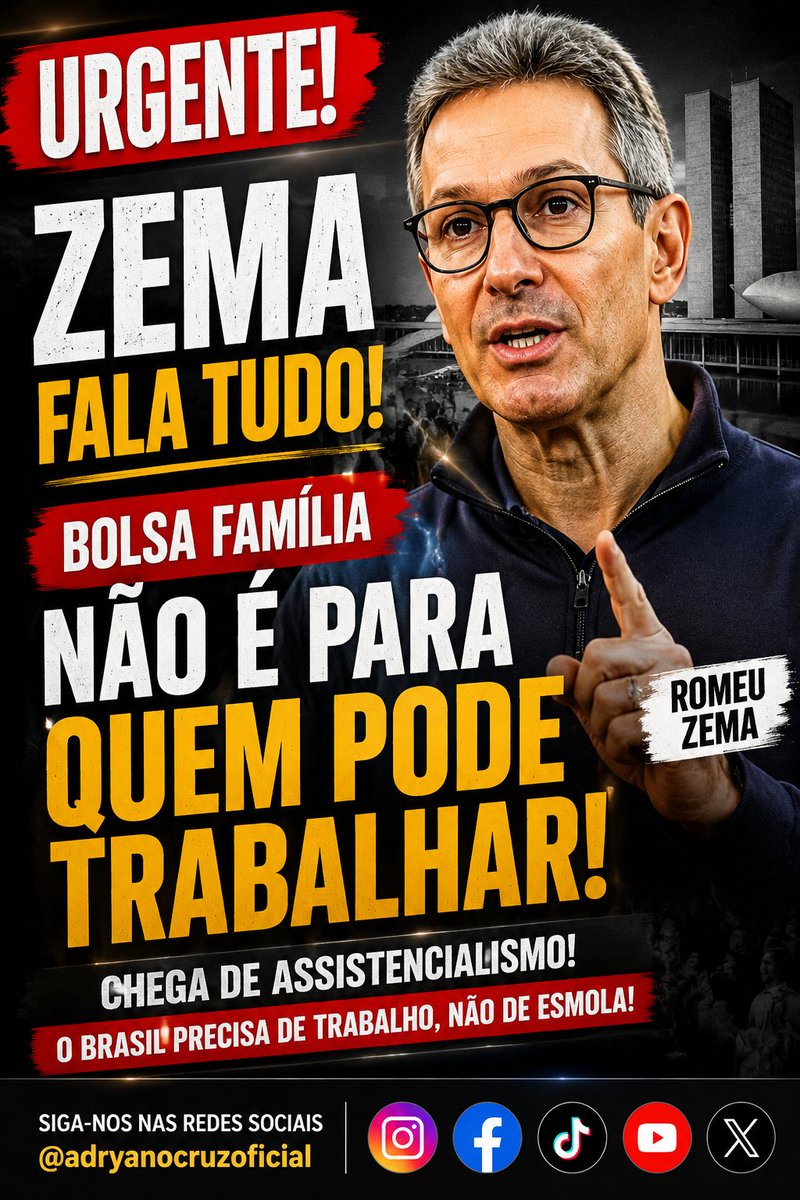 Adrianocruzsp's tweet photo. 🚨 Zema falou o que milhões pensam e poucos têm coragem de dizer: auxílio é pra quem precisa, não pra sustentar dependência eterna. 🇧🇷🔥

O Brasil quer trabalho, dignidade e liberdade!

#romeuzema https://t.co/rLc2X0cDxv