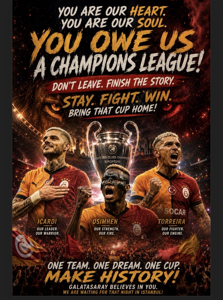 ibrahimciftci89's tweet photo. @ultrAslan İcardi, Osimhen, Torreira… Siz bu takımın sadece futbolcuları değil, kalbi ve ruhusunuz. Bize bir Şampiyonlar Ligi kupası borçlusunuz. Gitmeyin, hikâyeyi yarım bırakmayın. Kalın, savaşın ve o kupayı Galatasaray’a getirin. Çünkü biz size inanıyoruz; tek takım, tek hayal, tek kupa https://t.co/3MVQzXdQmr