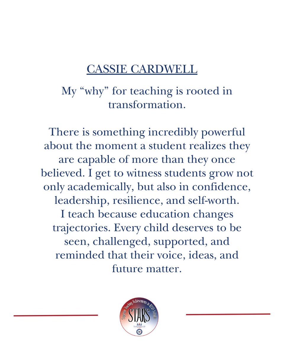 RichardsonISD's tweet photo. For the @MSTMagnet 2025-26 STARS Teacher of the Year, Cassie Cardwell, her "why" for teaching is rooted in the power of transformation. 

She says, "There is something incredibly powerful about the moment a student realizes they are capable of more than they once believed. I get to witness students grow not only academically, but also in confidence, leadership, resilience, and self-worth.
I teach because education changes trajectories. Every child deserves to be seen, challenged, supported, and reminded that their voice, ideas, and future matter."

Thank you for all you do, it truly transforms your students! #RISDThankaTeacher