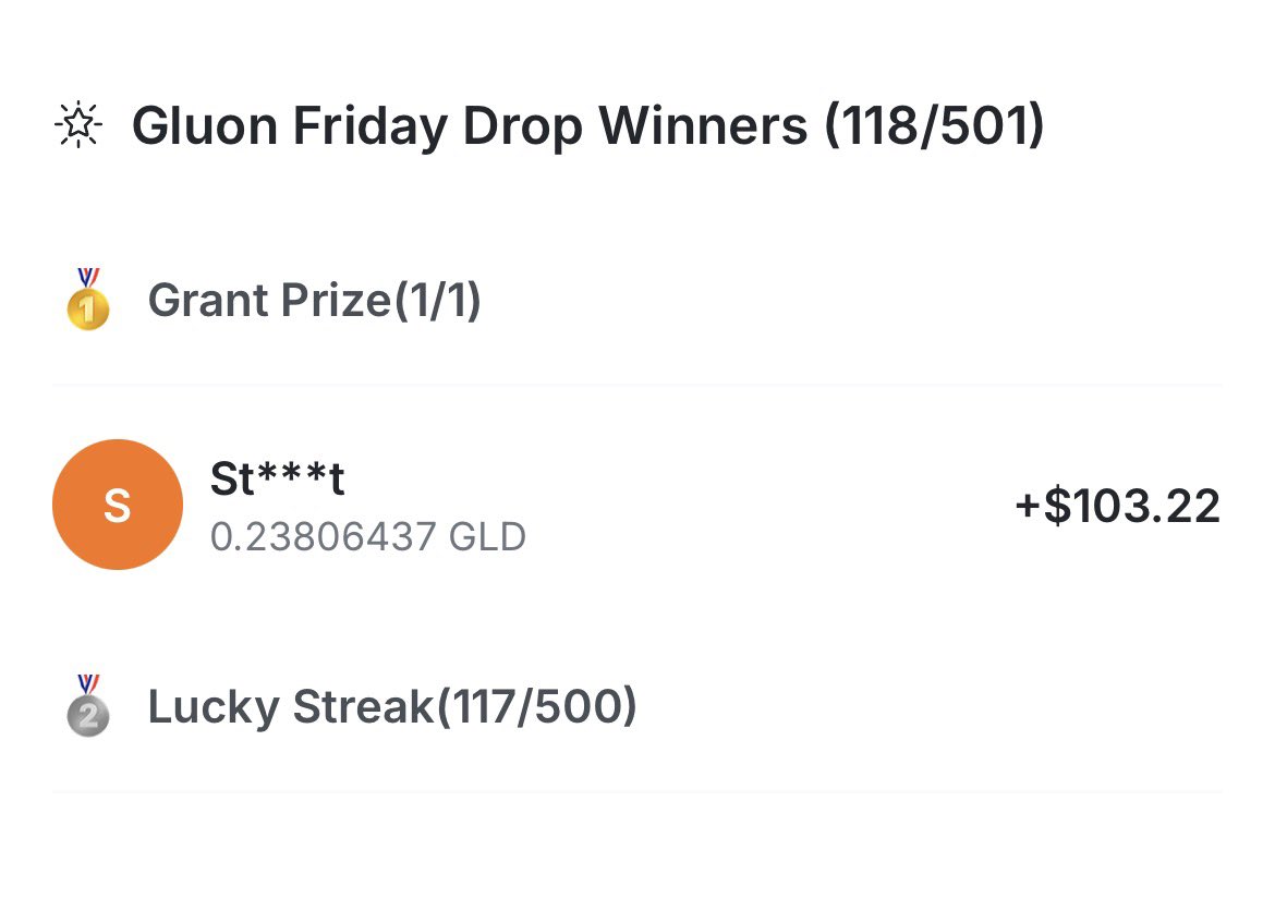 GluonMoney's tweet photo. Who’s the lucky winner got $100 Gold?

Check results here https://t.co/yu83wE7r62

For future Friday draw, do you prefer 1 winner with big prize or multiple winners with smaller prize, comment below 👇

Remember more entries more chances to win https://t.co/3Rb0f91MKg