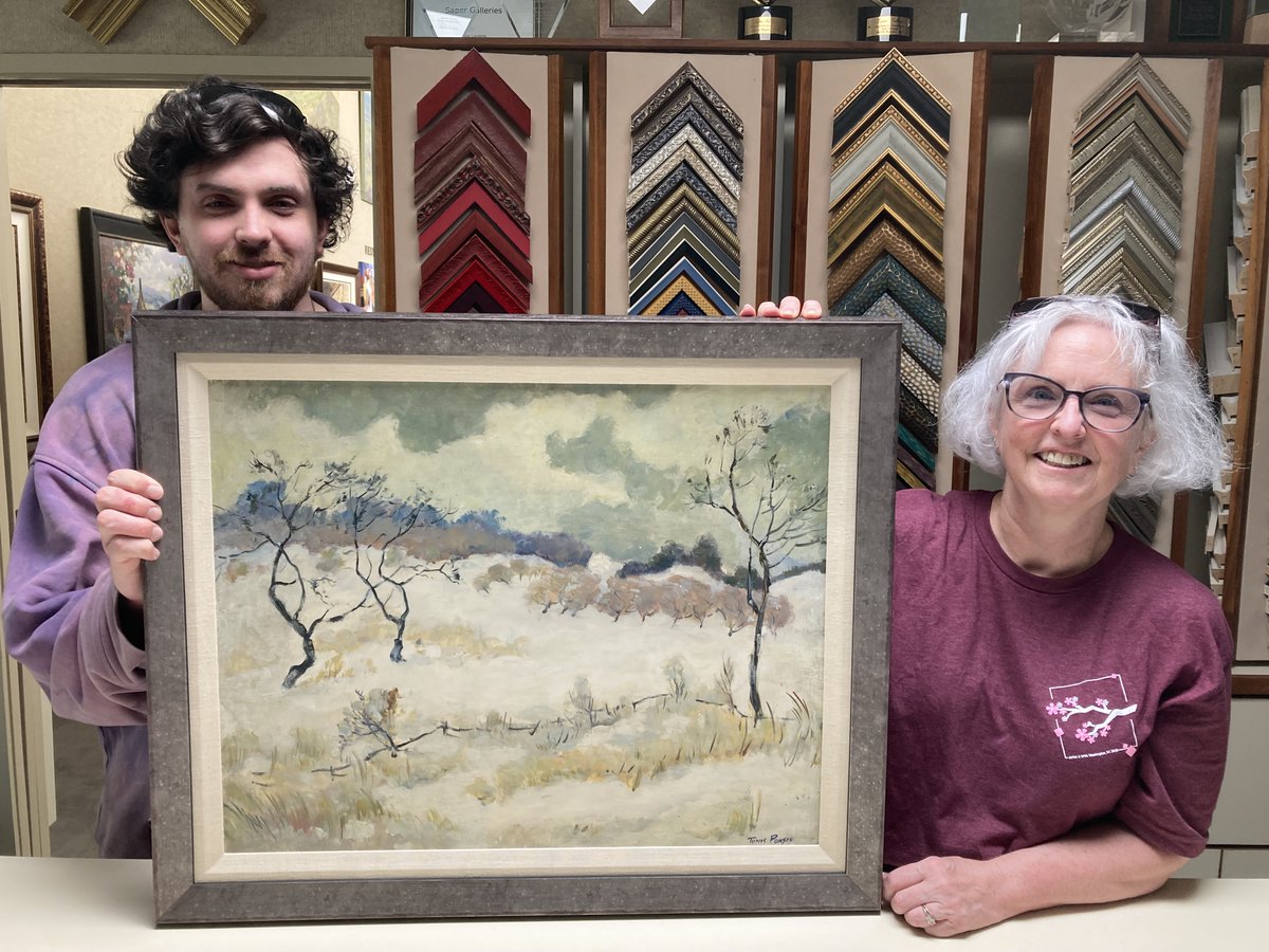 SaperGalleries's tweet photo. Laurie brought her son's childhood painting to us to be framed. She also saw this painting by Tunis Ponsen here and had us frame it for her family and it's now in her living room! Perfectly matched frame and linen-wrapped liner. A joy to own and display!  https://t.co/GJE4eD4QnE https://t.co/dZ7rMtk1ea