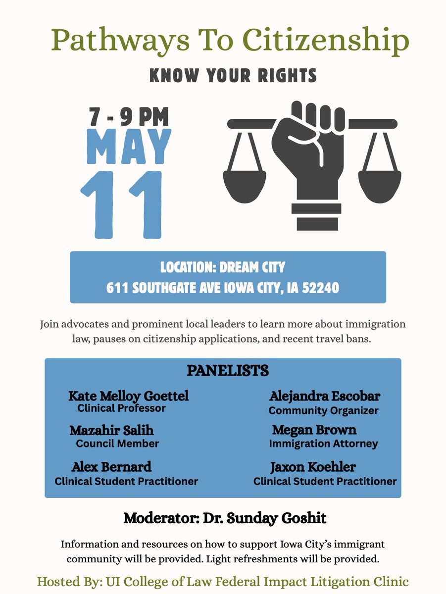 ICFRC's tweet photo. Join the The University of Iowa College of Law’s Federal Impact Litigation Clinic for a community panel on how travel bans are interfering with pathways to citizenship

Monday, May 11
7 to 9:00 p.m.
Dream City IA, 611 Southgate Ave, Iowa City, IA 52240

#icfrc #IowaCityEvents https://t.co/6oWnZVlhGx