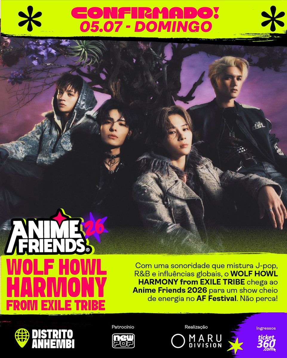 O portal se abre para novos sons…
E dessa vez, direto de uma nova geração do Japão.

O WOLF HOWL HARMONY from EXILE TRIBE (<a href="/WOLFHOWLHARMONY/">WOLF HOWL HARMONY【公式】</a>) chega ao Anime Friends 2026 para um show no domingo do AF Festival.

Formado por RYOJI, SUZUKI, GHEE e HIROTO, o grupo representa uma nova