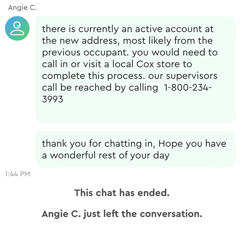 rljarm's tweet photo. @CoxHelp responding to an explicit ADA accommodation request for text-based support from a disabled customer. After being informed that phone and in-person options are inaccessible, their solution is to tell me to call or go to a store, and then hang up. #ADA #Accessibility https://t.co/Ilbs9TcO9H