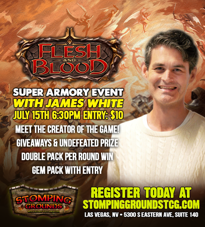 TheHigashi's tweet photo. Heads up FaB friends, we will be hosting a Super Armory with a James White appearance the Wednesday before Pro Tour Las Vegas. The signing will be between 5:30-6:30, and the event will be from 6:30-Closing. This event is limited to 48 seats.

https://t.co/i3pUbYtLlr https://t.co/3USffLIH4g