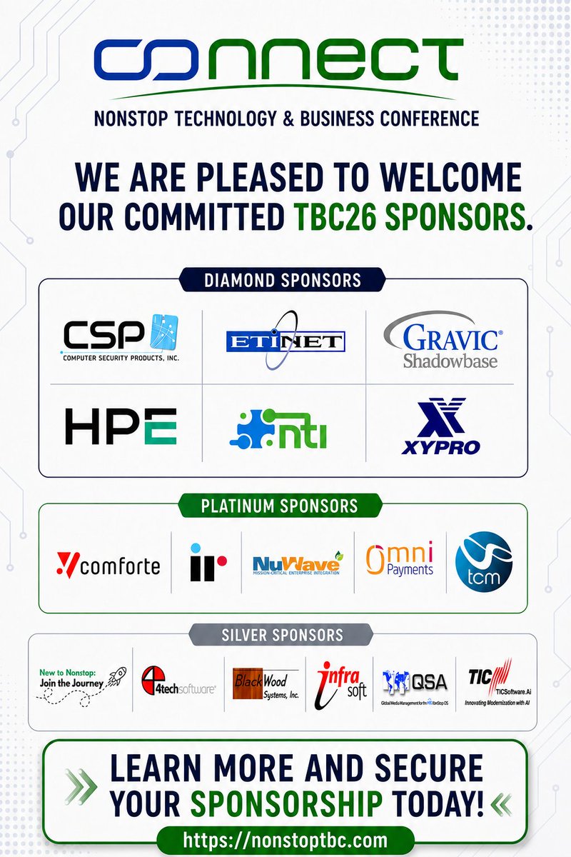 Connect_WW's tweet photo. Our Nonstop TBC 2026 sponsor roster keeps growing. Thank you to everyone who has committed to making this year's conference possible. Sponsorship opportunities are still available.
https://t.co/oig48OLrBL
#NonstopTBC, #NonstopTBC2026, #HPENonstop, #NonstopPartners https://t.co/Dz5lXKNlL5