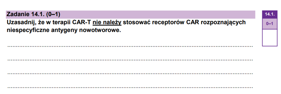 rieske_piotr's tweet photo. Bardzo kontrowersyjne pytanie z matury 2026 (biologia rozszerzona). „Nie należy stosować receptorów CAR rozpoznających niespecyficzne antygeny nowotworowe”. Takie sformułowanie jest wg mnie nadmiernie kategoryczne i wprowadza w błąd.
Szuka się takich antygenów jak w pytaniu - specyficznych nowotworowo.
W rzeczywistości ok. 95% celów stosowanych/testowanych w dzisiejszej terapii CAR-T (w tym wszystkie zatwierdzone terapie: CD19, BCMA i inne) to właśnie antygeny niespecyficzne. Występują na komórkach prawidłowych i nowotworowych.
Prawdziwie specyficznych antygenów powierzchniowych (odpowiednich dla CAR) jest ekstremalnie mało.
Gdyby lekarze dosłownie stosowali się do zasady z matury, to tysiące pacjentów rocznie nie miałoby dostępu do terapii, która ratuje im życie. 
Do tej pory ponad 35 tysięcy osób na świecie otrzymało np. CAR-T skierowane przeciwko CD19 i BCMA, czyli terapie, które w wielu przypadkach dają szansę na wieloletnie przeżycie lub wyleczenie.
Takich antygenów niespecyficznych jest więcej, B7-H3, mezotelina i wiele innych.
To nie wygląda na neutralne dydaktyczne uproszczenie (jak model atomu).
To uproszczenie, które może sugerować, że lekarze i naukowcy notorycznie popełniają błąd, stosując aktualne standardy leczenia.
Owszem, szuka się celów w pełni specyficznych, ale na razie ich brak w klinice nie oznacza, że należy rezygnować z terapii, która realnie pomaga pacjentom.
Pytanie można było sformułować wg mnie ostrożniej (np. „jakie ryzyko niesie…” zamiast „nie należy”).  
Zwrócił mi na to pytanie uwagę mój współpracownik, młody polski naukowiec, który zajmował się CAR-T w renomowanych ośrodkach amerykańskich (@PaweGowacki16). 
Cieszy, że od maturzystów wymaga się nowości. Szkoda, że w sposób, którzy może prowadzić do nieporozumień. 
Ale chętnie się dowiem jeśli ktoś uważa, że można na maturze bronić takich uproszczeń.