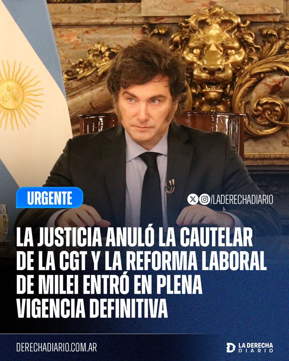 🚨🇦🇷 | #URGENTE La Justicia anuló definitivamente la cautelar de la CGT que había sido dictada por el juez kirchnerista Raúl Ojeda para suspender 81 artículos de la Ley de Modernización Laboral de Milei, que ahora entró en plena vigencia de forma definitiva.