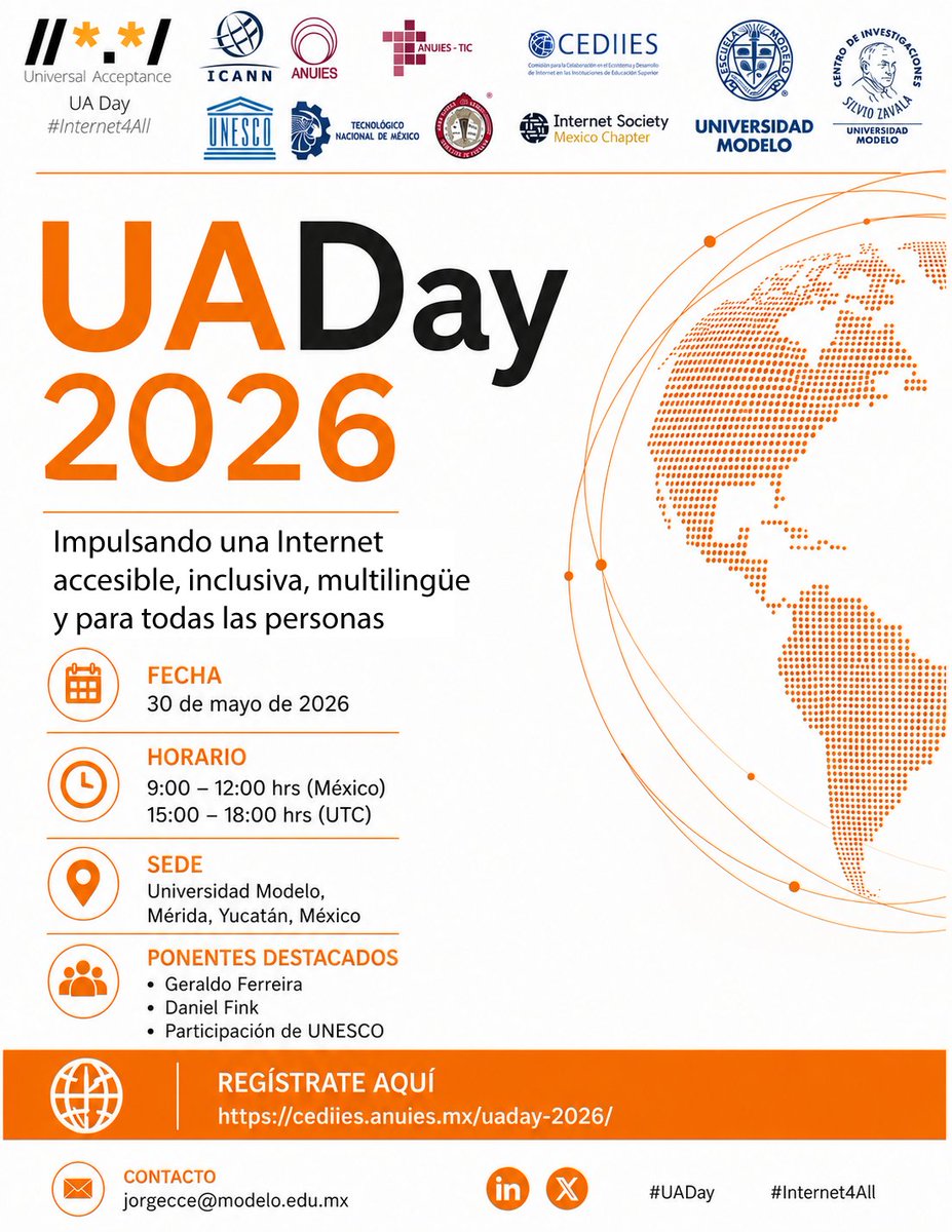 anuiestic's tweet photo. “UA en el Aula: Modelo de Integración Curricular y Articulación Académica”
Impulsando una Internet accesible, inclusiva, multilingüe y para todas las personas.

📅 30 mayo 2026
🕘 9:00–12:00 h MX
🌐 Modalidad híbrida
📍 Universidad Modelo, Mérida
🔗 https://t.co/lPZyFb0krW https://t.co/KxoEKoLTCz