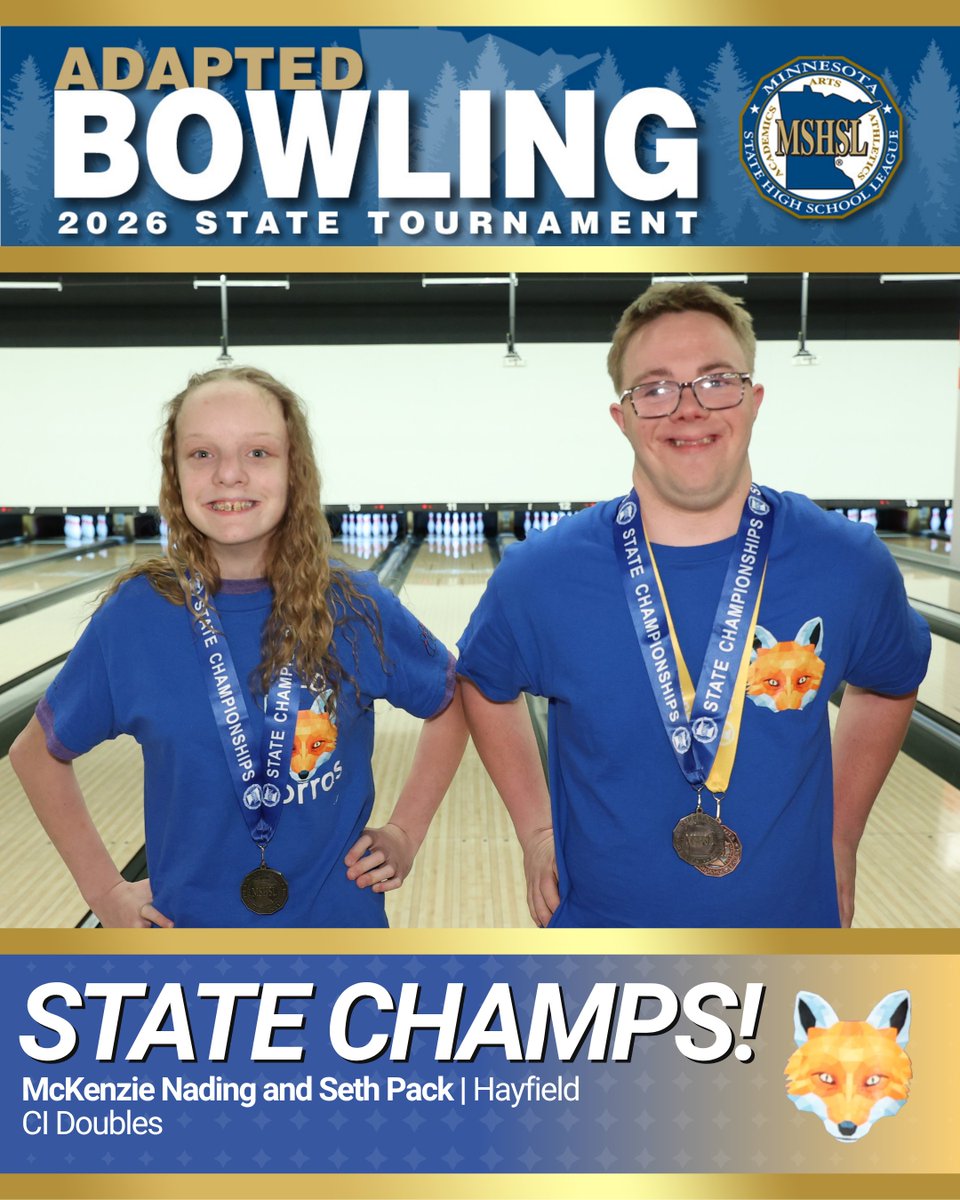 MSHSL's tweet photo. 🥇 𝙎𝙏𝘼𝙏𝙀 𝘾𝙃𝘼𝙈𝙋𝙎 🥇 Congratulations to the 2026 Adapted Bowling Doubles gold medalists!

ASD 🥇🥇 Drayton Carter and Pedro Cantoran Manzanares | Tartan

CI 🥇🥇 McKenzie Nading and Seth Pack | Hayfield

PI 🥇🥇 Henry Vuong and Louis Vuong | Richfield https://t.co/5MUgcDIiqm