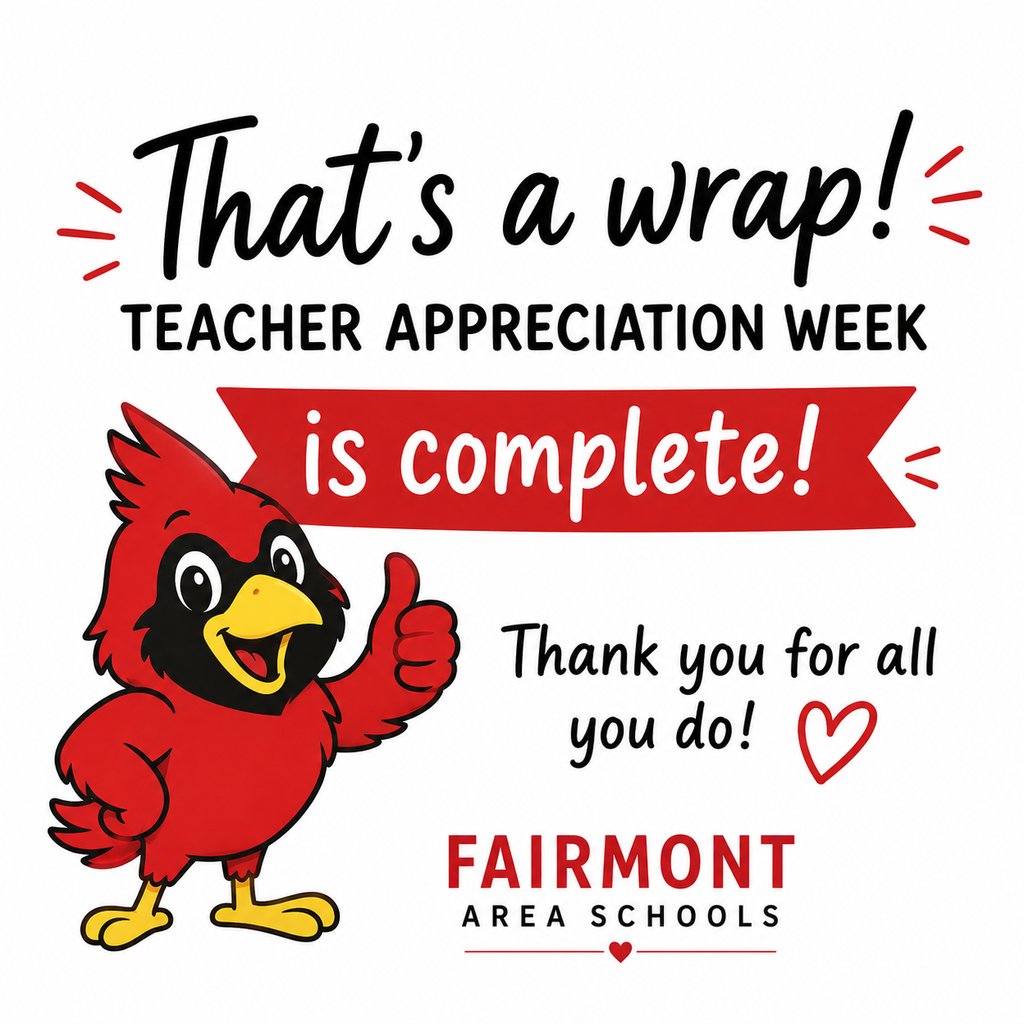 FAScards's tweet photo. Teacher Appreciation Week may be ending, but our gratitude lasts all year long.
Thank you, Fairmont Area Schools teachers, for inspiring, encouraging, and supporting students every day. ❤️🖤 #CardinalPride #TeacherAppreciationWeek #FairmontAreaSchools https://t.co/GpLD7MbXgs