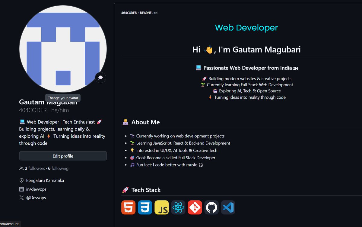 Devvops's tweet photo. Started learning Git &amp; GitHub recently 🚀
Finally understood version control, repositories, commits, branches &amp; commands 💻✨
Made my GitHub profile look clean and professional today 😮‍💨🔥
Learning step by step. 
projects coming soon 👨‍💻
#GitHub #Git #WebDevelopment #CodingJourney https://t.co/i37u3Ok8kK