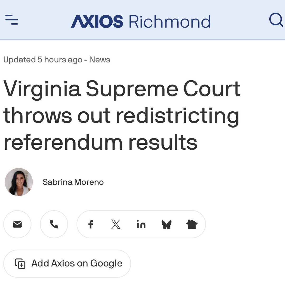 Unlike Texas, North Carolina, Tennessee, Missouri, &amp; Florida, Virginia put its redistricting referendum up to the will of the PEOPLE. They voted &amp; the redistricting amendment won, fair &amp; square.  This ruling throws out their votes and ignores Virginians’ will.