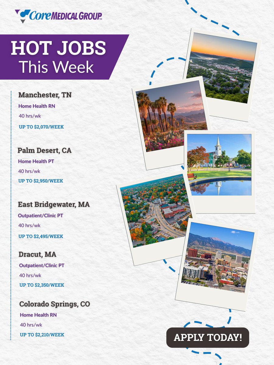 JobsAtCoreMed's tweet photo. Hot Jobs This Week! 

Home Health RN (TN): https://t.co/JiLzOBKiEr
Home Health PT (CA): https://t.co/gXdHawGbUf
Outpatient/Clinic PT (MA): https://t.co/mZfU9y2iZu
Outpatient/Clinic PT (MA): https://t.co/jLWCgjebIO
Home Health RN (CO): https://t.co/ApJSiXoq0M https://t.co/Wf2lOanePx