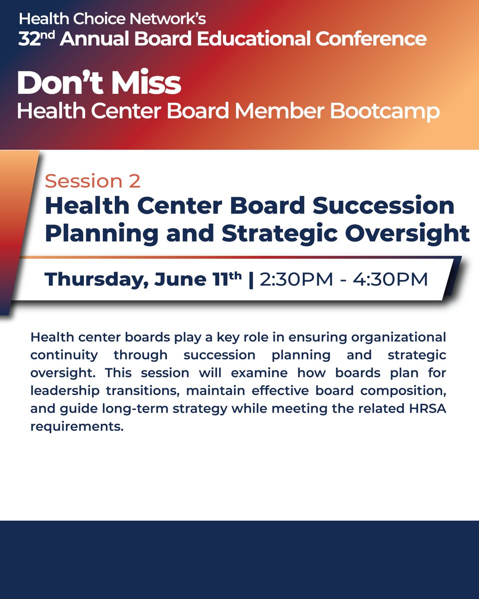 hcnetworkinc's tweet photo. Don't miss the Health Center Board Member Bootcamp sessions during HCN's 32nd Annual Board Educational Conference. Visit the HCN Conference website for more information and to register today: https://t.co/ytWOGy9Tdi

#HCNFRWD26 #2026conference #HCN #boardmemberbootcamp https://t.co/gZtQNreO8n