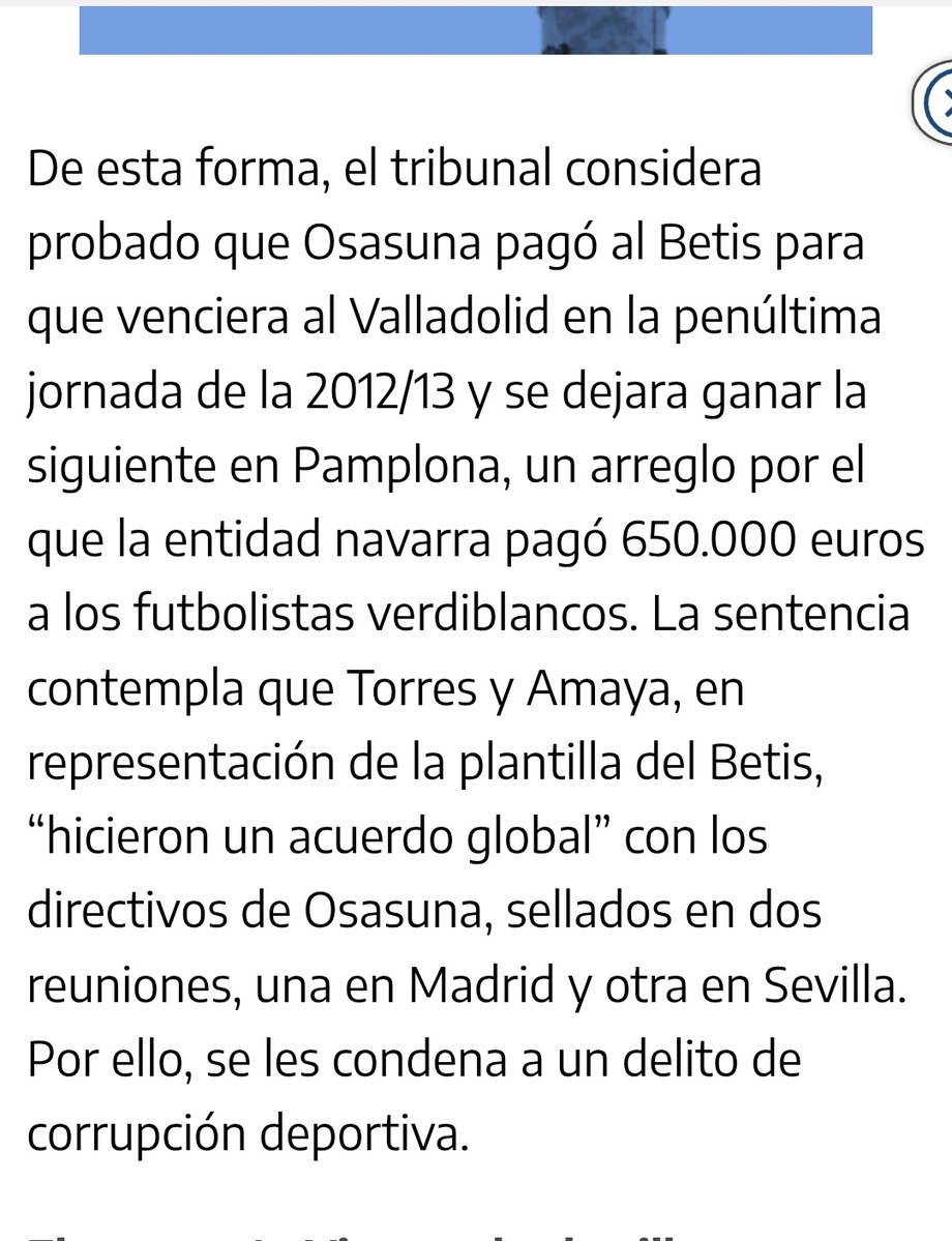 Información para quien desee:  la primera (y única) condena por AMAÑOS en la Liga llegó hace unos años de la mano de directivos de Osasuna y jugadores del Betis 👍🏻

El tribunal consideró PROBADO el pagó de Osasuna al Betis.