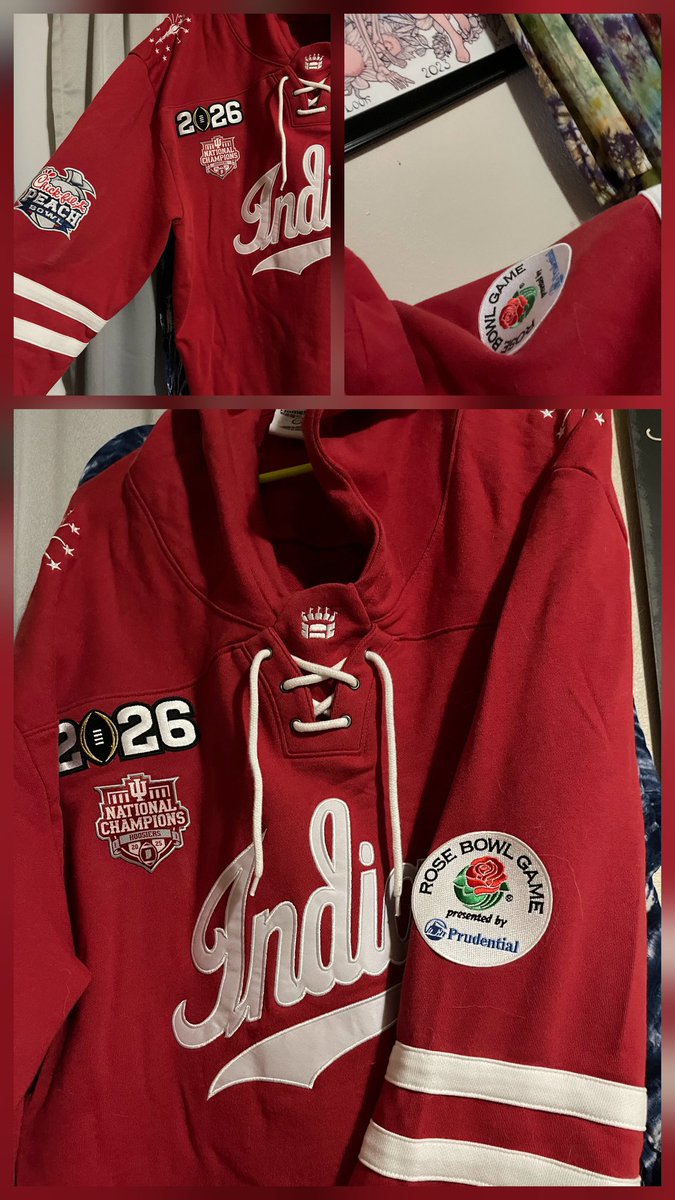 Finally got my <a href="/patchcollection/">Patch Collection</a> patches put on my <a href="/HomefieldIU/">Homefield IU</a> sweater via <a href="/CoachEvaHTS/">Coach Eva CNA</a> ! She killed it! Wish I could find the old liberty, copper,  and holiday bowl patches somehow. I guess I'll hafta add new ones this season!  #rosebowl #peachbowl #cfp #iufb #nationalchamps