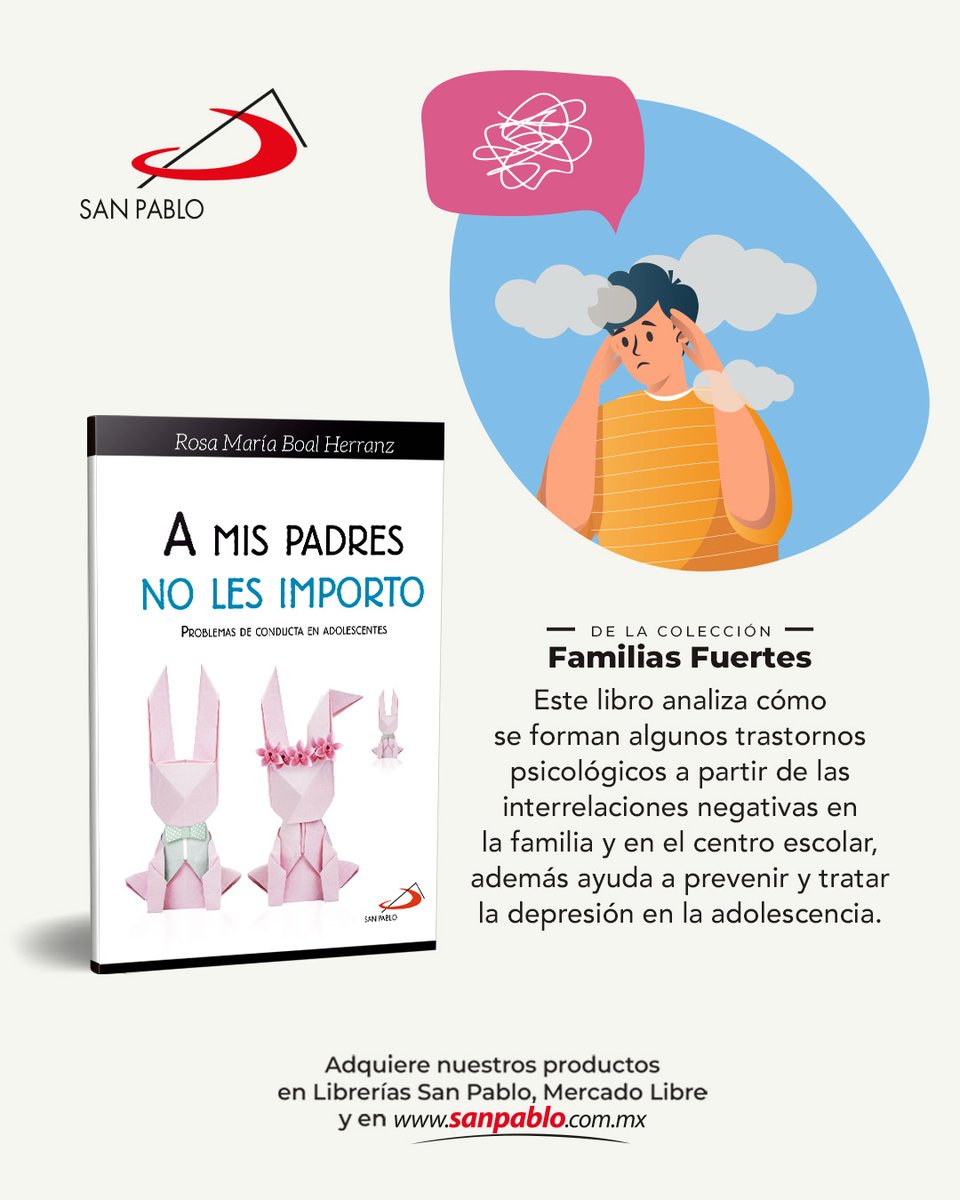 Este libro explica cómo ciertos trastornos psicológicos pueden originarse en dinámicas familiares y escolares. Ofrece herramientas para prevenir y afrontar la depresión en la adolescencia, los problemas de conducta y la inadaptación.

Encuéntralo aquí: sanpablo.com.mx/producto/a-mis…