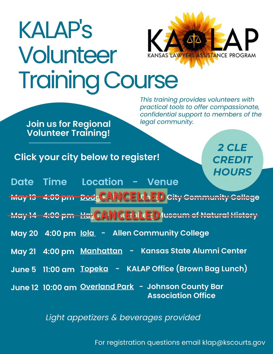 KansasLAP's tweet photo. 🚨 IMPORTANT UPDATE 🚨
The following Volunteer Training CLEs have been cancelled due to low registration:

• Dodge City — May 13, 4–6 PM
• Hays — May 14, 4–6 PM

All other May &amp; June trainings remain scheduled.

Questions? 📩 klap@kscourts.gov https://t.co/0Djtp1bo4D