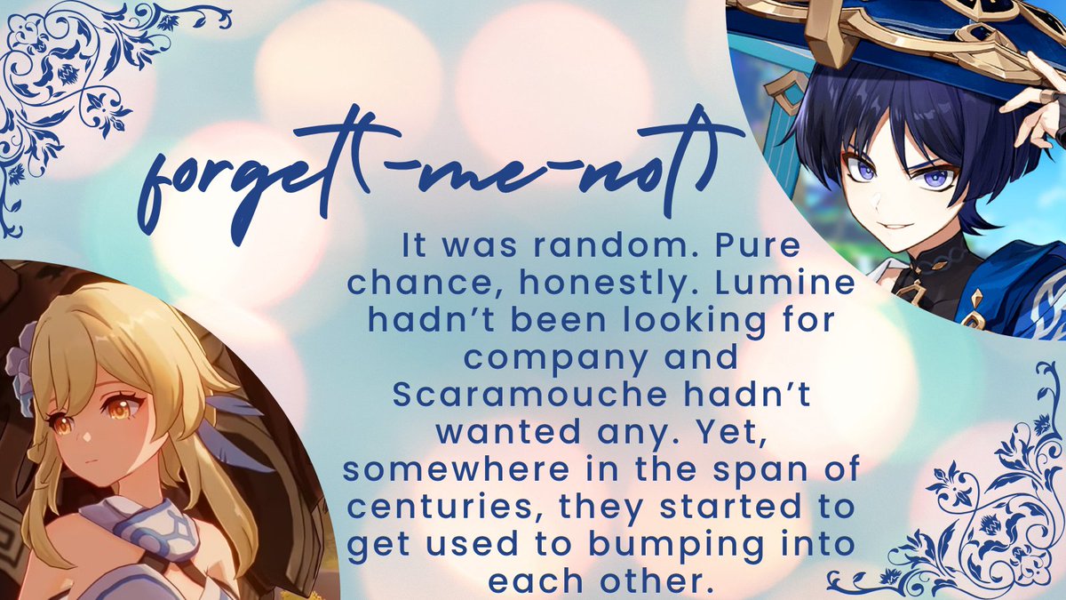 amukWrites's tweet photo. For @scaralumi_zine, a slowburn over the centuries
🐈‍⬛Abyssal Princess Lumine and Scaramouche have a series of meetings
🐈‍⬛2.5k hurt/comfort, romance, 5+1 
🐈‍⬛Scaramouche never wanted to meet. Lumine hadn't expected to bump into him. Yet, they both needed this. https://t.co/wj3pW11Ik5