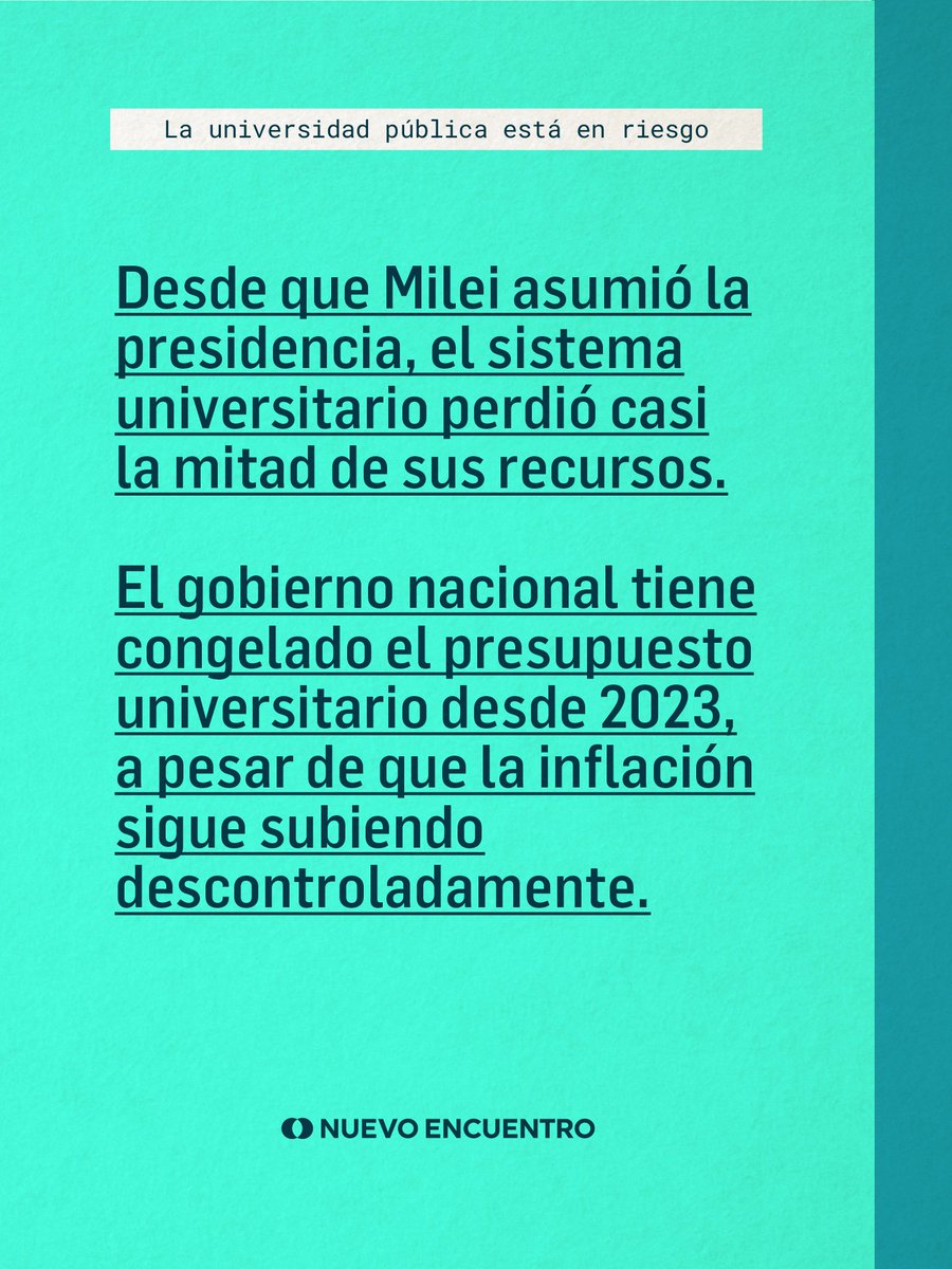 NuevoEncuentro_'s tweet photo. LA UNIVERSIDAD PÚBLICA ESTÁ EN RIESGO.

Desde que asumió Milei, el sistema universitario perdió casi la mitad de sus recursos. No es “crisis”, es una decisión política. https://t.co/8XF1dg49a7