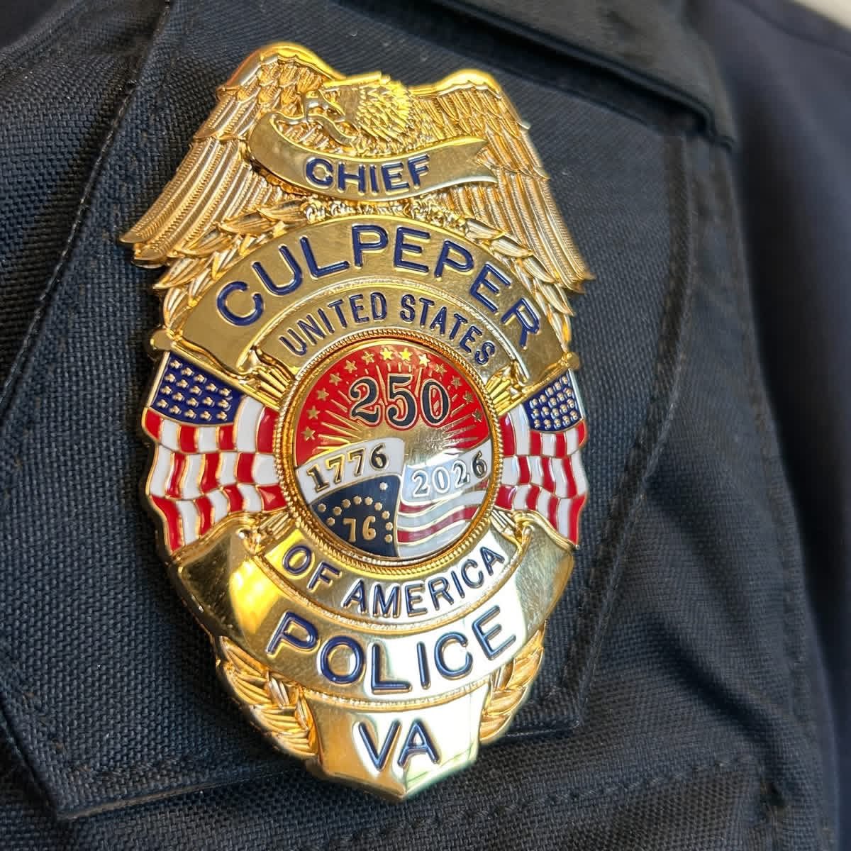 CulpeperPD's tweet photo. Culpeper PD will celebrate of the upcoming 250th anniversary of the signing of the Declaration of Independence with a special commemorative badge. Department personnel were allowed to privately purchase a 250th Anniversary Commemorative Badge to wear as an additional authorized Badge of Authority. Officers will wear these special badges until June 30, 2027.
 
Culpeper PD is honored to continue protecting and serving our Culpeper community while celebrating this historic milestone together.

#Culpeper #NewBadge #Americas250th