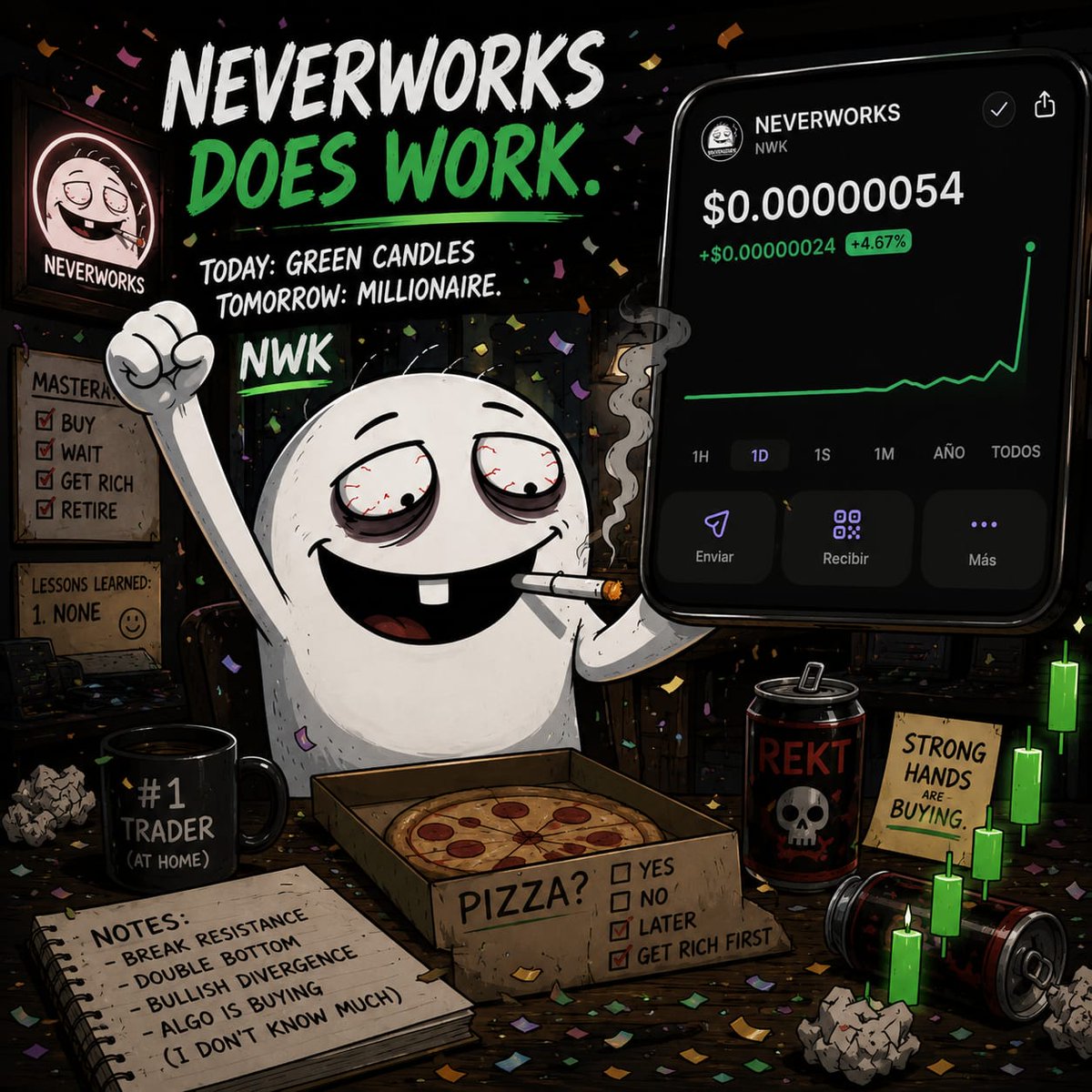 Neverworks_meme's tweet photo. Working never works. $NWK does. 🚬🍕
​Technical update:
📈 Chart breaking resistance with organic volume.
💎 Diamond hands holding strong: 42% of the bonding curve completed.
🚀 The engine is warming up and Raydium is the final destination.
​No fake promises, just green candles and a Dev who doesn’t sleep. Get in before we cross the curve!
​$NWK #Solana #PumpFun