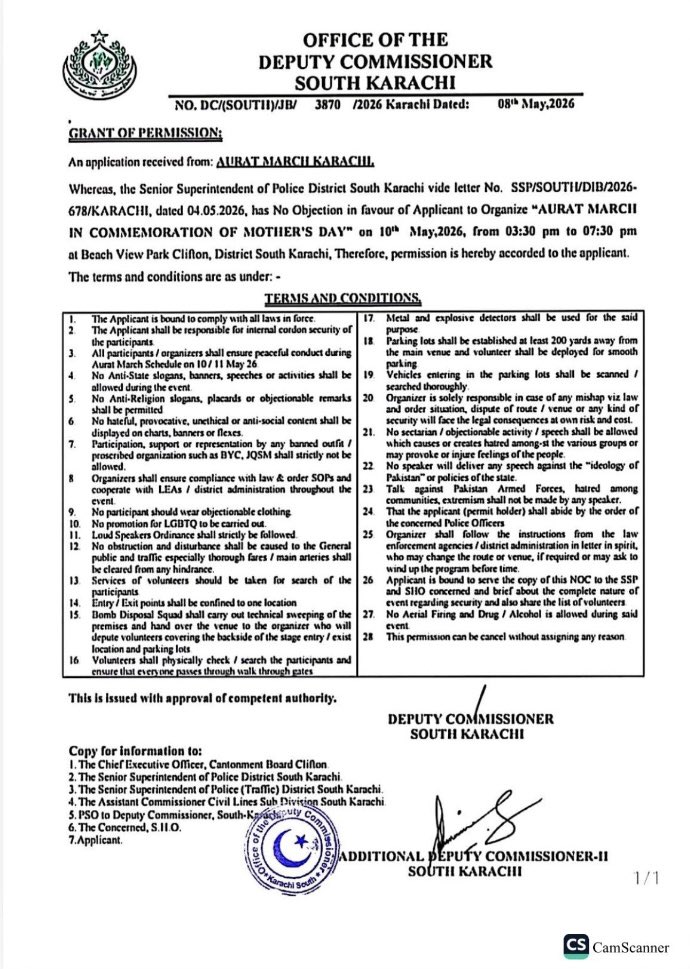 AlifyaSohail's tweet photo. These are some conditions imposed by the Sindh Govt to allow Aurat March to protest on Sunday: 
- No ‘objectionable clothing’
- No ‘speeches against policies of the state’
- No ‘hateful, provocative, unethical or anti-social content’
- No participation/support of ‘banned outfits’ like BYC and JQSM (neither are banned) 
- No ‘promotion of LGBTQ’
- No ‘anti religious sentiment’ 
- No ‘objectionable activity that injures feelings of the people’ 
- No ‘talk against armed forces and ideology of Pakistan’