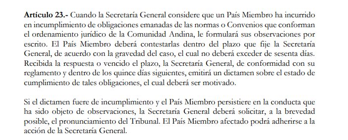 larryyumibandam's tweet photo. De acuerdo con el Art. 23 del Tratado de Creación del Tribunal Andino de Justicia, si tras el Dictamen de Incumplimiento emitido por la Secretaría General de la CAN Ecuador y Colombia no acata lo resuelto, se procederá a elevar el caso ante el Tribunal Andino de Justicia. https://t.co/8n7Kj4oQ7x