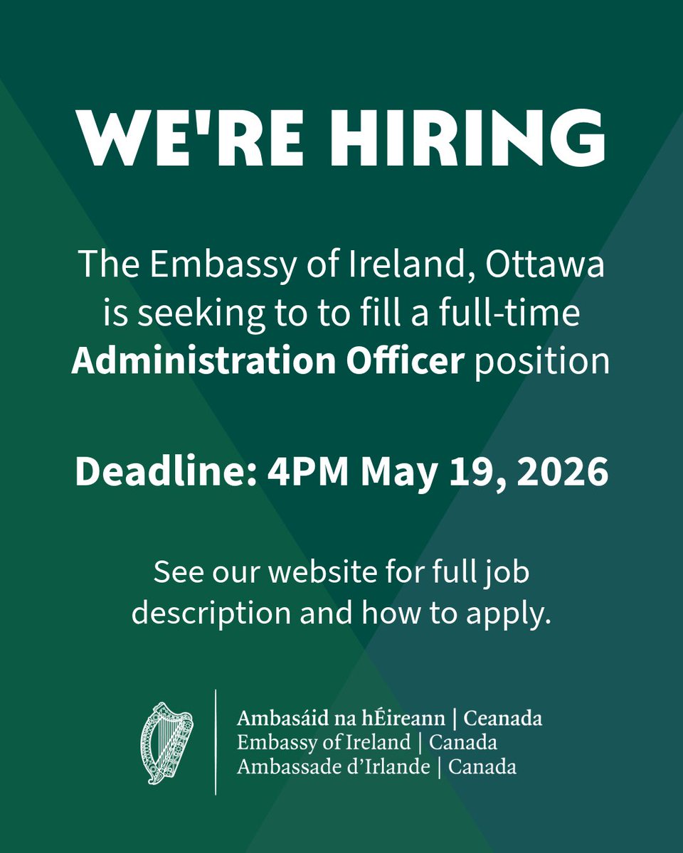 IrlEmbCanada's tweet photo. The Embassy of Ireland, Ottawa is seeking a highly motivated, enthusiastic and hardworking person with excellent communication and interpersonal skills to fill a full-time Administration Officer position.

See link for full details on how to apply 👉: https://t.co/89pAlZ8uzC https://t.co/JQiOBqbMne
