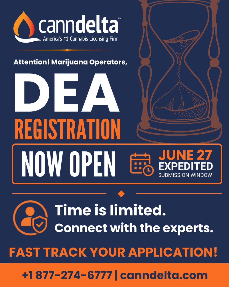 CannDelta's tweet photo. DEA registration window for Schedule III Marijuana Operators priority pool closes June 27, 2026 

Deadlines don’t wait and neither should you. You now have a 50-day window to take action and protect your bottom line.

CannDelta helps operators navigate compliance! https://t.co/1LcVlGgJ6x